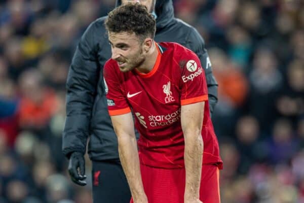 LIVERPOOL, ENGLAND - Saturday, November 20, 2021: Liverpool's Diogo Jota is treated for an injury during the FA Premier League match between Liverpool FC and Arsenal FC at Anfield. (Pic by David Rawcliffe/Propaganda)