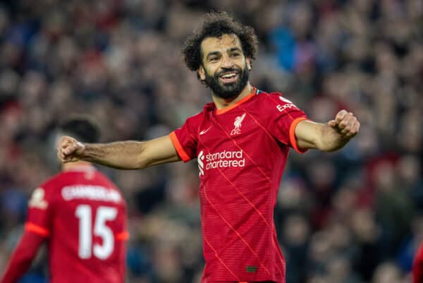 LIVERPOOL, ENGLAND - Saturday, November 20, 2021: Liverpool's Mohamed Salah celebrates after scoring the third goal during the FA Premier League match between Liverpool FC and Arsenal FC at Anfield. (Pic by David Rawcliffe/Propaganda)