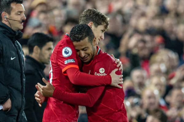 LIVERPOOL, ENGLAND - Saturday, November 20, 2021: Liverpool's substitute Tyler Morton (L) makes his League debut replacing Thiago Alcantara during the FA Premier League match between Liverpool FC and Arsenal FC at Anfield. (Pic by David Rawcliffe/Propaganda)