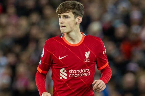 LIVERPOOL, ENGLAND - Saturday, November 20, 2021: Liverpool's substitute Tyler Morton makes his League debut during the FA Premier League match between Liverpool FC and Arsenal FC at Anfield. (Pic by David Rawcliffe/Propaganda)