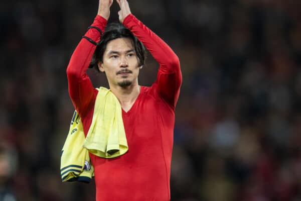 LIVERPOOL, ENGLAND - Saturday, November 20, 2021: Liverpool's Takumi Minamino celebrates after the FA Premier League match between Liverpool FC and Arsenal FC at Anfield. Liverpool won 4-0. (Pic by David Rawcliffe/Propaganda)