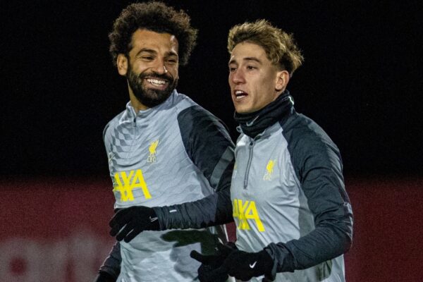 LIVERPOOL, ENGLAND - Tuesday, November 23, 2021: Liverpool's Mohamed Salah (L) and Kostas Tsimikas during a training session at the AXA Training Centre ahead of the UEFA Champions League Group B Matchday 4 game between Liverpool FC and FC Porto. (Pic by David Rawcliffe/Propaganda)