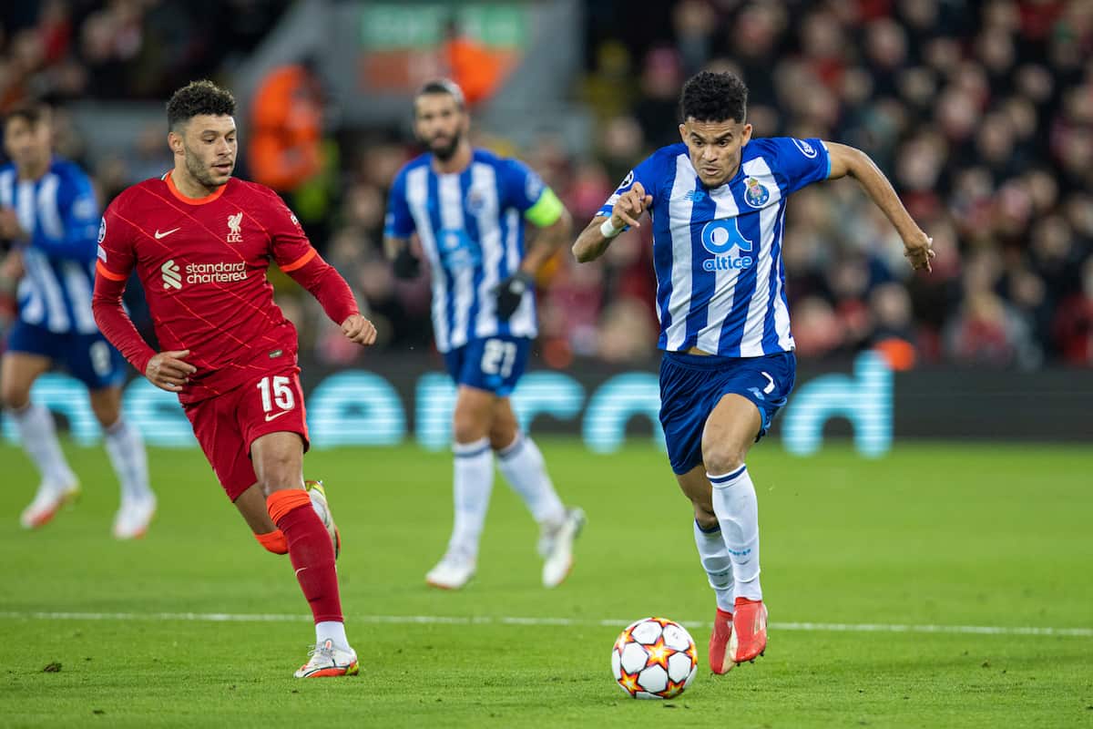 LIVERPOOL, ENGLAND - Wednesday, November 24, 2021: FC Porto's Luis Diaz during the UEFA Champions League Group B Matchday 5 game between Liverpool FC and FC Porto at Anfield. Liverpool won 2-0. (Pic by David Rawcliffe/Propaganda)