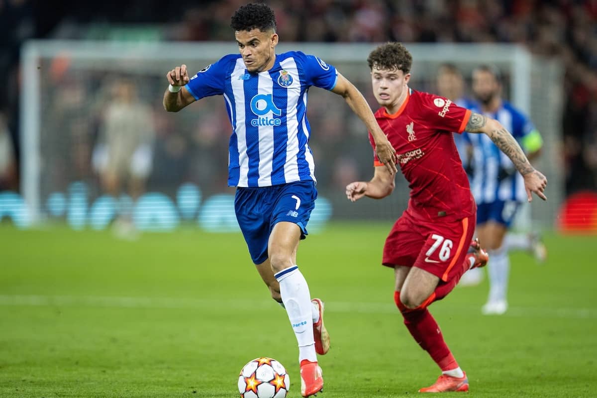 LIVERPOOL, ENGLAND - Wednesday, November 24, 2021: FC Porto's Luis Diaz during the UEFA Champions League Group B Matchday 5 game between Liverpool FC and FC Porto at Anfield. Liverpool won 2-0. (Pic by David Rawcliffe/Propaganda)