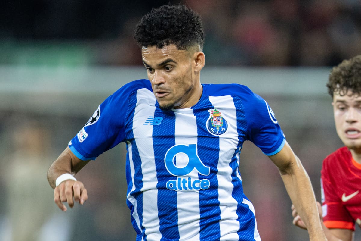 LIVERPOOL, ENGLAND - Wednesday, November 24, 2021: FC Porto's Luis Diaz during the UEFA Champions League Group B Matchday 5 game between Liverpool FC and FC Porto at Anfield. Liverpool won 2-0. (Pic by David Rawcliffe/Propaganda)