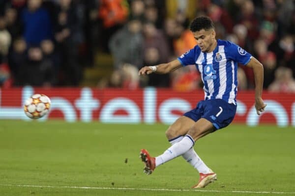 LIVERPOOL, ENGLAND - Wednesday, November 24, 2021: FC Porto's Luis Diaz during the UEFA Champions League Group B Matchday 5 game between Liverpool FC and FC Porto at Anfield. Liverpool won 2-0. (Pic by David Rawcliffe/Propaganda)