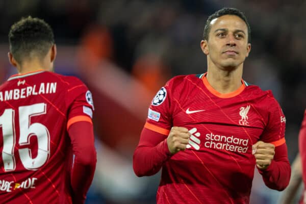 LIVERPOOL, ENGLAND - Wednesday, November 24, 2021: Liverpool's Thiago Alcantara celebrates after scoring the first goal during the UEFA Champions League Group B Matchday 5 game between Liverpool FC and FC Porto at Anfield. Liverpool won 2-0. (Pic by David Rawcliffe/Propaganda)