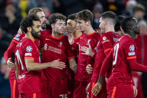 LIVERPOOL, ENGLAND - Wednesday, November 24, 2021: Liverpool's Mohamed Salah (L) celebrates with team-mates after scoring the second goal during the UEFA Champions League Group B Matchday 5 game between Liverpool FC and FC Porto at Anfield. Liverpool won 2-0. (Pic by David Rawcliffe/Propaganda)