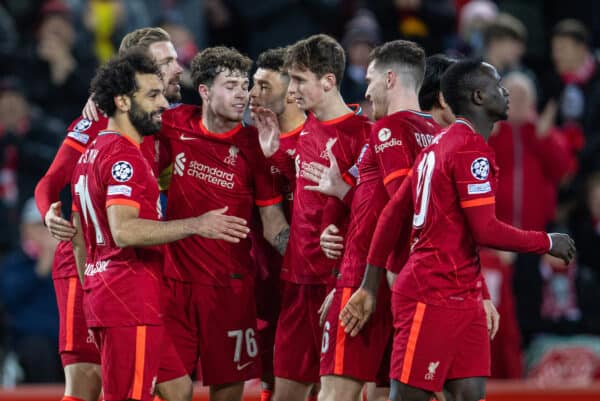 LIVERPOOL, ENGLAND - Wednesday, November 24, 2021: Liverpool's Mohamed Salah (L) celebrates with team-mates after scoring the second goal during the UEFA Champions League Group B Matchday 5 game between Liverpool FC and FC Porto at Anfield. Liverpool won 2-0. (Pic by David Rawcliffe/Propaganda)