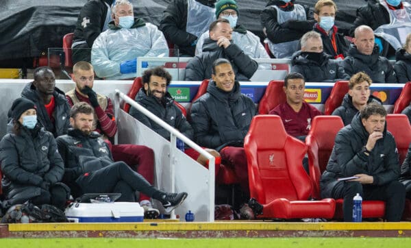 LIVERPOOL, ENGLAND - Wednesday, November 24, 2021: Liverpool's Mohamed Salah and unused substitute Virgil van Dijk on the bench during the UEFA Champions League Group B Matchday 5 game between Liverpool FC and FC Porto at Anfield. Liverpool won 2-0. (Pic by David Rawcliffe/Propaganda)