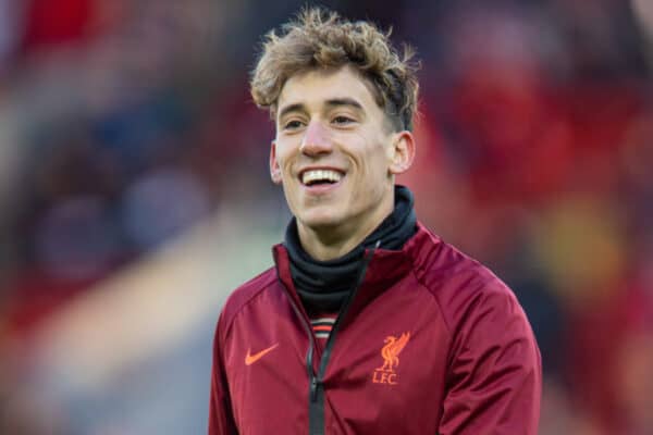 LIVERPOOL, ENGLAND - Saturday, November 27, 2021: Liverpool's Kostas Tsimikas during the pre-match warm-up before the FA Premier League match between Liverpool FC and Southampton FC at Anfield. (Pic by David Rawcliffe/Propaganda)