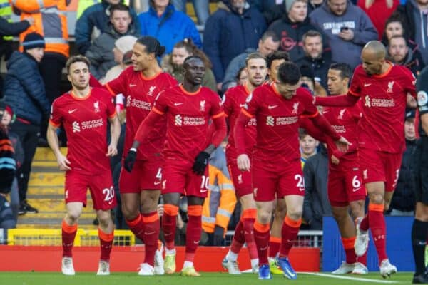 LIVERPOOL, ENGLAND - Saturday, November 27, 2021: Liverpool's Diogo Jota (L) celebrates after scoring the first goal during the FA Premier League match between Liverpool FC and Southampton FC at Anfield. (Pic by David Rawcliffe/Propaganda)