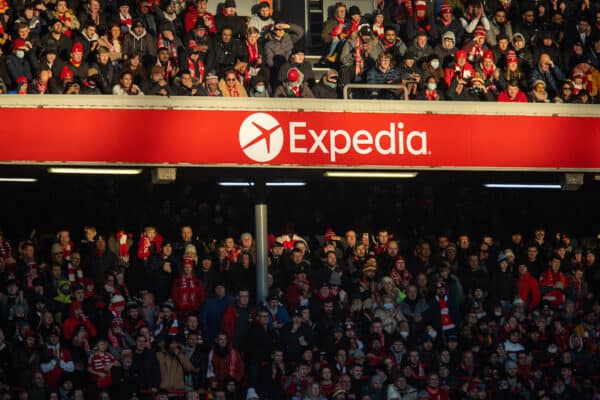 LIVERPOOL, ENGLAND - Saturday, November 27, 2021: Liverpool supporters in the Upper and Lower Anfield Road stand during the FA Premier League match between Liverpool FC and Southampton FC at Anfield. (Pic by David Rawcliffe/Propaganda)