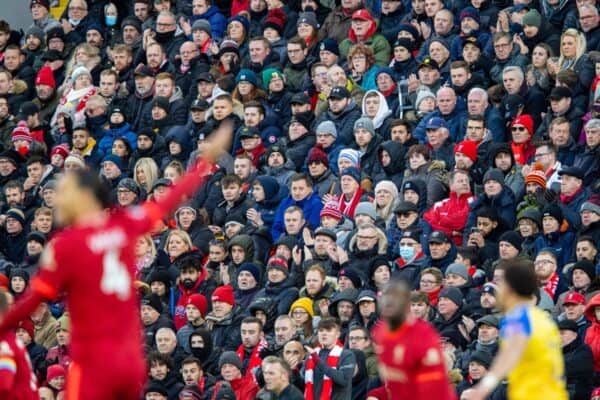 LIVERPOOL, ENGLAND - Saturday, November 27, 2021: Liverpool supporters applaud on 12 minutes for Ava White, a 12-year-old girl who was murdered in the city earlier in the week, during the FA Premier League match between Liverpool FC and Southampton FC at Anfield. (Pic by David Rawcliffe/Propaganda)