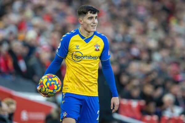 LIVERPOOL, ENGLAND - Saturday, November 27, 2021: Southampton's Tino Livramento takes a throw-in during the FA Premier League match between Liverpool FC and Southampton FC at Anfield. (Pic by David Rawcliffe/Propaganda)