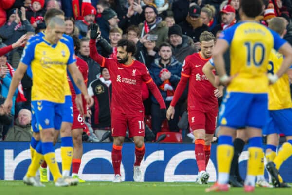 LIVERPOOL, ENGLAND - Saturday, November 27, 2021: Liverpool's Mohamed Salah celebrates after setting-up the second goal during the FA Premier League match between Liverpool FC and Southampton FC at Anfield. (Pic by David Rawcliffe/Propaganda)