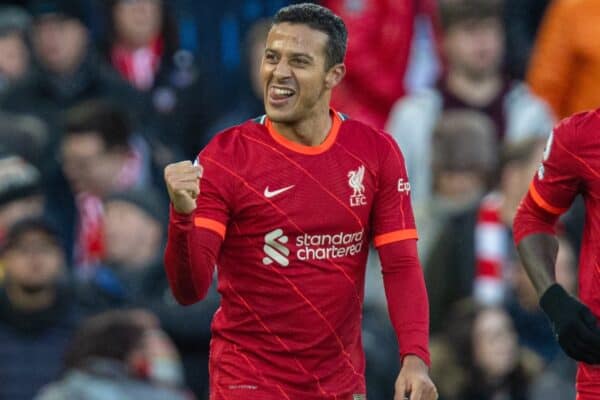 LIVERPOOL, ENGLAND - Saturday, November 27, 2021: Liverpool's Thiago Alcantara celebrates after scoring the third goal during the FA Premier League match between Liverpool FC and Southampton FC at Anfield. (Pic by David Rawcliffe/Propaganda)