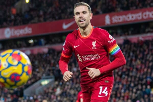 LIVERPOOL, ENGLAND - Saturday, November 27, 2021: Liverpool's captain Jordan Henderson, wearing a rainbow coloured captain's armband, during the FA Premier League match between Liverpool FC and Southampton FC at Anfield. (Pic by David Rawcliffe/Propaganda)