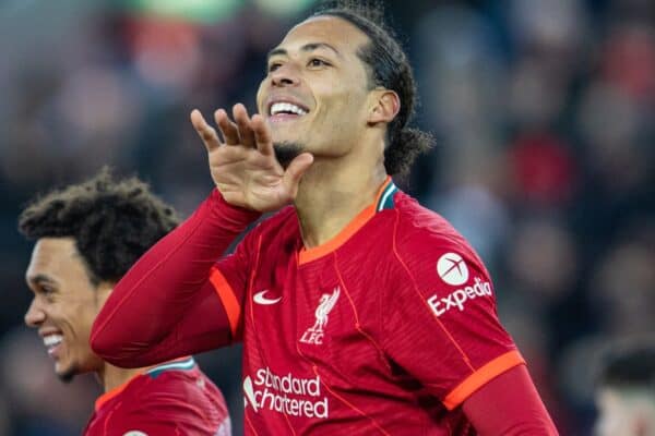 LIVERPOOL, ENGLAND - Saturday, November 27, 2021: Liverpool's Virgil van Dijk celebrates after scoring the fourth goal during the FA Premier League match between Liverpool FC and Southampton FC at Anfield. (Pic by David Rawcliffe/Propaganda)