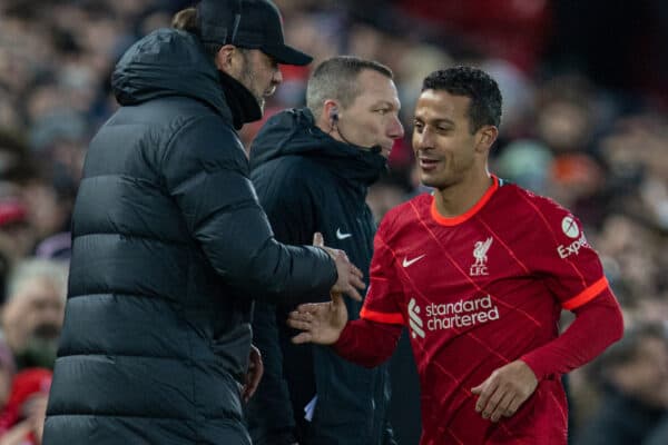 LIVERPOOL, ENGLAND - Saturday, November 27, 2021: Liverpool's Thiago Alcantara embraces manager Jürgen Klopp after being substituted during the FA Premier League match between Liverpool FC and Southampton FC at Anfield. (Pic by David Rawcliffe/Propaganda)