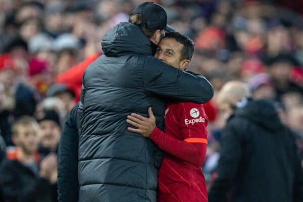 LIVERPOOL, ENGLAND - Saturday, November 27, 2021: Liverpool's Thiago Alcantara embraces manager Jürgen Klopp after being substituted during the FA Premier League match between Liverpool FC and Southampton FC at Anfield. (Pic by David Rawcliffe/Propaganda)