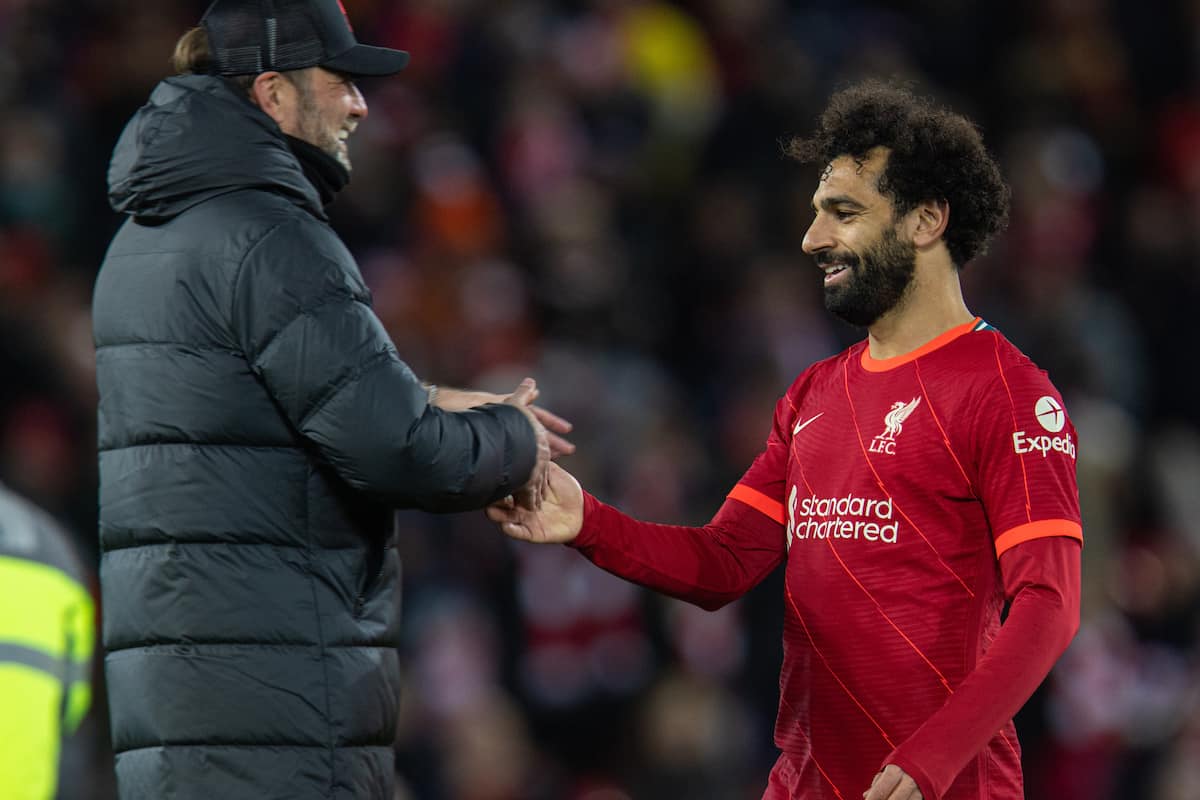 LIVERPOOL, ENGLAND - Saturday, November 27, 2021: Liverpool's Mohamed Salah (R) and manager Jürgen Klopp after the FA Premier League match between Liverpool FC and Southampton FC at Anfield. (Pic by David Rawcliffe/Propaganda)