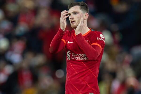 LIVERPOOL, ENGLAND - Saturday, November 27, 2021: Liverpool's Andy Robertson applauds the supporters after the FA Premier League match between Liverpool FC and Southampton FC at Anfield. (Pic by David Rawcliffe/Propaganda)