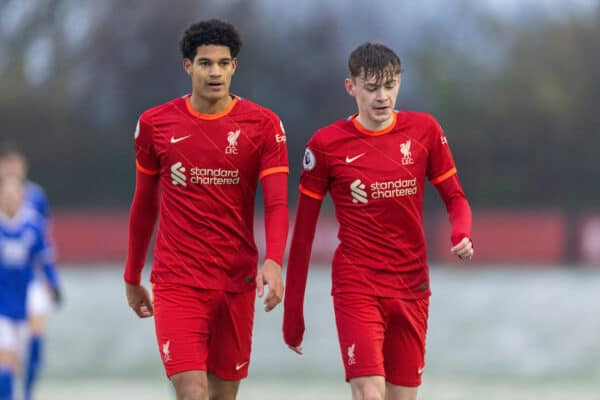 LIVERPOOL, ENGLAND - Sunday, November 28, 2021: Liverpool's Jarell Quansah (L) and Conor Bradley during the Premier League 2 Division 1 match between Liverpool FC Under-23's and Leicester City FC Under-23's at the Liverpool Academy. (Pic by David Rawcliffe/Propaganda)