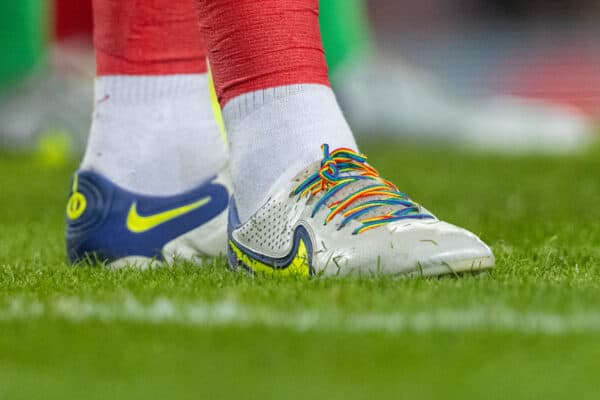 LIVERPOOL, ENGLAND - Wednesday, December 1, 2021: Rainbow boot laces worn by Liverpool's captain Jordan Henderson during the FA Premier League match between Everton FC and Liverpool FC, the 239th Merseyside Derby, at Goodison Park. Liverpool won 4-1. (Pic by David Rawcliffe/Propaganda)