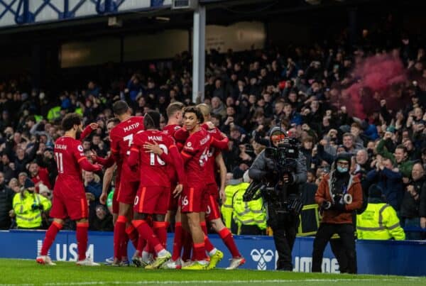 LIVERPOOL, ENGLAND - Wednesday, December 1, 2021: Liverpool's Diogo Jota (hidden) celebrates with team-mates after scoring the fourth goal during the FA Premier League match between Everton FC and Liverpool FC, the 239th Merseyside Derby, at Goodison Park. Liverpool won 4-1. (Pic by David Rawcliffe/Propaganda)