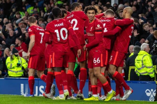 LIVERPOOL, ENGLAND - Wednesday, December 1, 2021: Liverpool's Diogo Jota (hidden) celebrates with team-mates after scoring the fourth goal during the FA Premier League match between Everton FC and Liverpool FC, the 239th Merseyside Derby, at Goodison Park. Liverpool won 4-1. (Pic by David Rawcliffe/Propaganda)