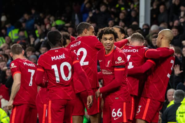 LIVERPOOL, ENGLAND - Wednesday, December 1, 2021: Liverpool's Diogo Jota (hidden) celebrates with team-mates after scoring the fourth goal during the FA Premier League match between Everton FC and Liverpool FC, the 239th Merseyside Derby, at Goodison Park. Liverpool won 4-1. (Pic by David Rawcliffe/Propaganda)