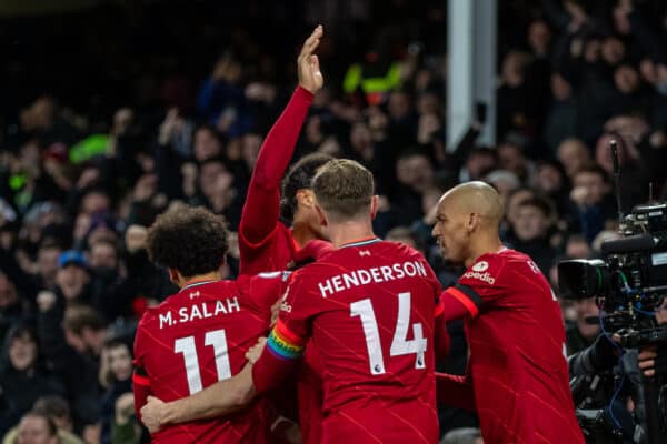 LIVERPOOL, ENGLAND - Wednesday, December 1, 2021: Liverpool's Diogo Jota (hidden) celebrates with team-mates after scoring the fourth goal during the FA Premier League match between Everton FC and Liverpool FC, the 239th Merseyside Derby, at Goodison Park. Liverpool won 4-1. (Pic by David Rawcliffe/Propaganda)