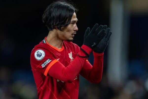 LIVERPOOL, ENGLAND - Wednesday, December 1, 2021: Liverpool's Takumi Minamino applauds the supporters after the FA Premier League match between Everton FC and Liverpool FC, the 239th Merseyside Derby, at Goodison Park. Liverpool won 4-1. (Pic by David Rawcliffe/Propaganda)