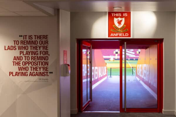 The famous "This Is Anfield" sign above the players' tunnel at Anfield, home of Liverpool Football Club. (Pic by David Rawcliffe/Propaganda)