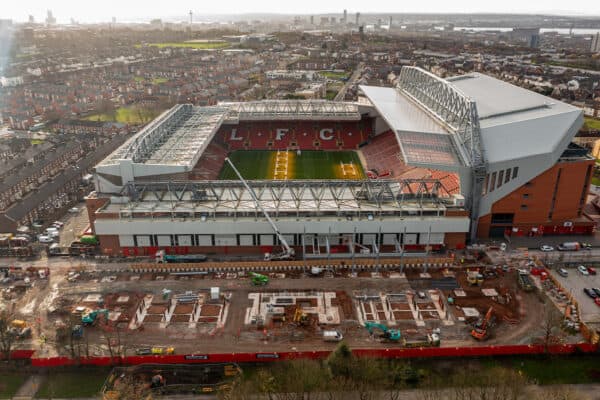 LIVERPOOL, ENGLAND - Friday, December 2, 2021: An aerial view of Anfield, the home stadium of Liverpool Football Club. The image shows the ongoing construction of the new Anfield Road stand. (Pic by David Rawcliffe/Propaganda)