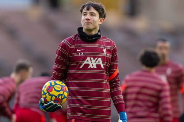 WOLVERHAMPTON, ENGLAND - Saturday, December 4, 2021: Liverpool's goalkeeper Marcelo Pitaluga during the pre-match warm-up before the FA Premier League match between Wolverhampton Wanderers FC and Liverpool FC at Molineux Stadium. Liverpool won 1-0. (Pic by David Rawcliffe/Propaganda)