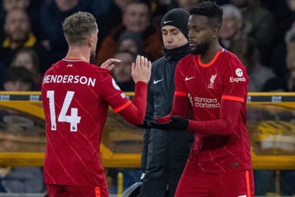 WOLVERHAMPTON, ENGLAND - Saturday, December 4, 2021: Liverpool's captain Jordan Henderson is replaced by substitute Divock Origi during the FA Premier League match between Wolverhampton Wanderers FC and Liverpool FC at Molineux Stadium. Liverpool won 1-0. (Pic by David Rawcliffe/Propaganda)