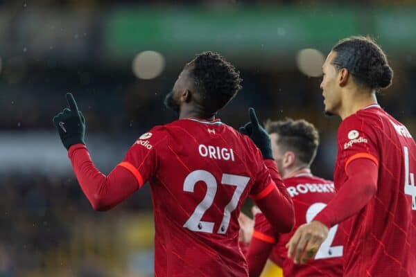 WOLVERHAMPTON, ENGLAND - Saturday, December 4, 2021: Liverpool's Divock Origi celebrates after scoring an injury time winning goal during the FA Premier League match between Wolverhampton Wanderers FC and Liverpool FC at Molineux Stadium. Liverpool won 1-0. (Pic by David Rawcliffe/Propaganda)