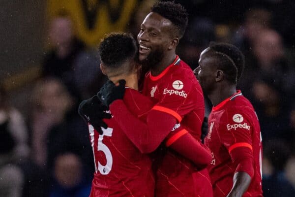 WOLVERHAMPTON, ENGLAND - Saturday, December 4, 2021: Liverpool's Divock Origi (C) celebrates with Alex Oxlade-Chamberlain after the FA Premier League match between Wolverhampton Wanderers FC and Liverpool FC at Molineux Stadium. Liverpool won 1-0. (Pic by David Rawcliffe/Propaganda)