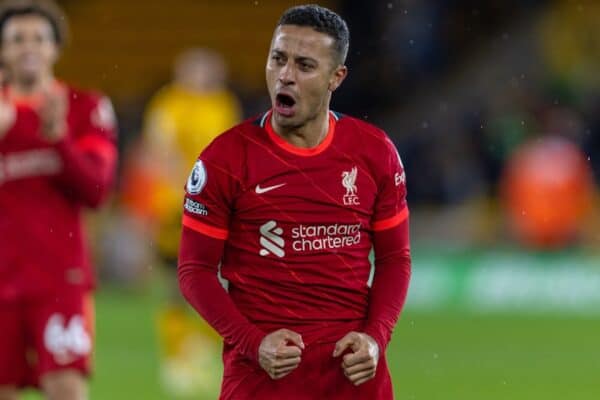 WOLVERHAMPTON, ENGLAND - Saturday, December 4, 2021: Liverpool's Thiago Alcantara celebrates after the FA Premier League match between Wolverhampton Wanderers FC and Liverpool FC at Molineux Stadium. Liverpool won 1-0. (Pic by David Rawcliffe/Propaganda)