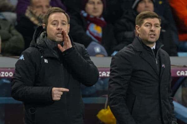 BIRMINGHAM, ENGLAND - Sunday, December 5, 2021: Aston Villa's manager Steven Gerrard (R) and assistant head coach Michael Beale during the FA Premier League match between Aston Villa FC and Leicester City FC at Villa Park. Aston Villa won 2-1. (Pic by David Rawcliffe/Propaganda)