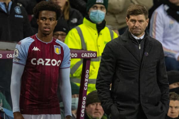 BIRMINGHAM, ENGLAND - Sunday, December 5, 2021: Aston Villa's manager Steven Gerrard prepares to bring on Carney Chukwuemeka during the FA Premier League match between Aston Villa FC and Leicester City FC at Villa Park. Aston Villa won 2-1. (Pic by David Rawcliffe/Propaganda)