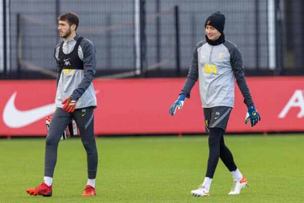 LIVERPOOL, ENGLAND - Monday, December 6, 2021: Liverpool's goalkeepers Harvey Davies (L) and Marcelo Pitaluga during a training session at the AXA Training Centre ahead of the UEFA Champions League Group B Matchday 6 game between AC Milan and Liverpool FC. (Pic by David Rawcliffe/Propaganda)