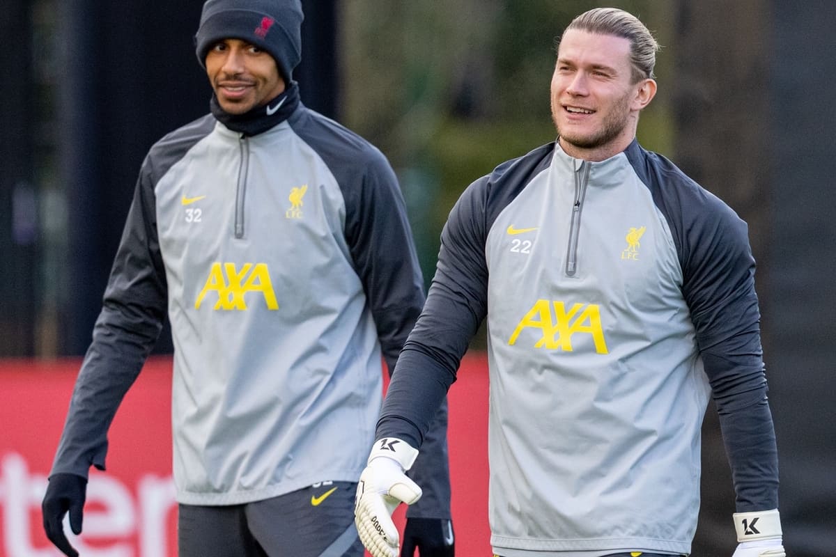 LIVERPOOL, ENGLAND - Monday, December 6, 2021: Liverpool's Joel Matip (L) and goalkeeper Loris Karius during a training session at the AXA Training Centre ahead of the UEFA Champions League Group B Matchday 6 game between AC Milan and Liverpool FC. (Pic by David Rawcliffe/Propaganda)