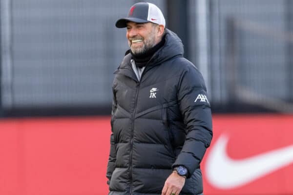 LIVERPOOL, ENGLAND - Monday, December 6, 2021: Liverpool's manager Jürgen Klopp during a training session at the AXA Training Centre ahead of the UEFA Champions League Group B Matchday 6 game between AC Milan and Liverpool FC. (Pic by David Rawcliffe/Propaganda)