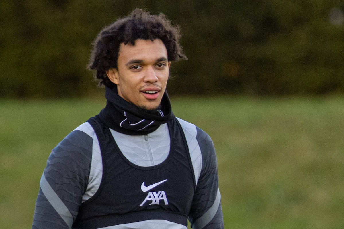 LIVERPOOL, ENGLAND - Monday, December 6, 2021: Liverpool's Trent Alexander-Arnold during a training session at the AXA Training Centre ahead of the UEFA Champions League Group B Matchday 6 game between AC Milan and Liverpool FC. (Pic by David Rawcliffe/Propaganda)