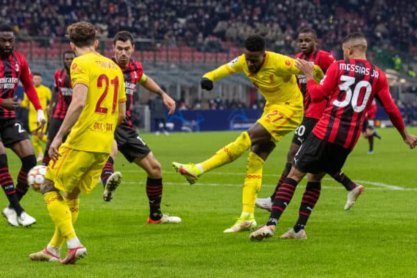 MILAN, ITALY - Tuesday, December 7, 2021: Liverpool's Divock Origi shoots during the UEFA Champions League Group B Matchday 6 game between AC Milan and Liverpool FC at the Stadio San Siro. Liverpool won 2-1. (Pic by David Rawcliffe/Propaganda)