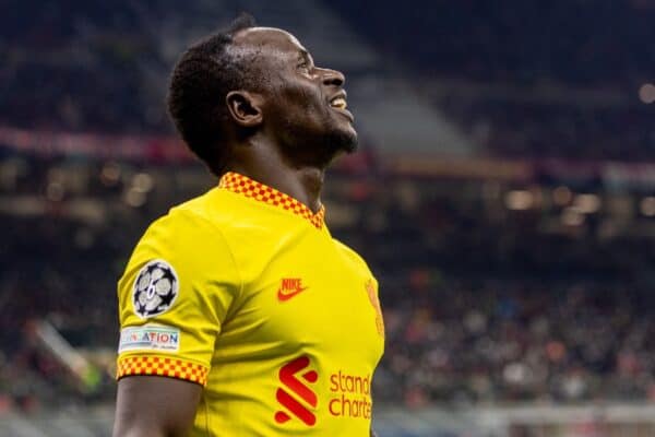 MILAN, ITALY - Tuesday, December 7, 2021: Liverpool's Sadio Mané looks dejected after missing a chance during the UEFA Champions League Group B Matchday 6 game between AC Milan and Liverpool FC at the Stadio San Siro. Liverpool won 2-1. (Pic by David Rawcliffe/Propaganda)