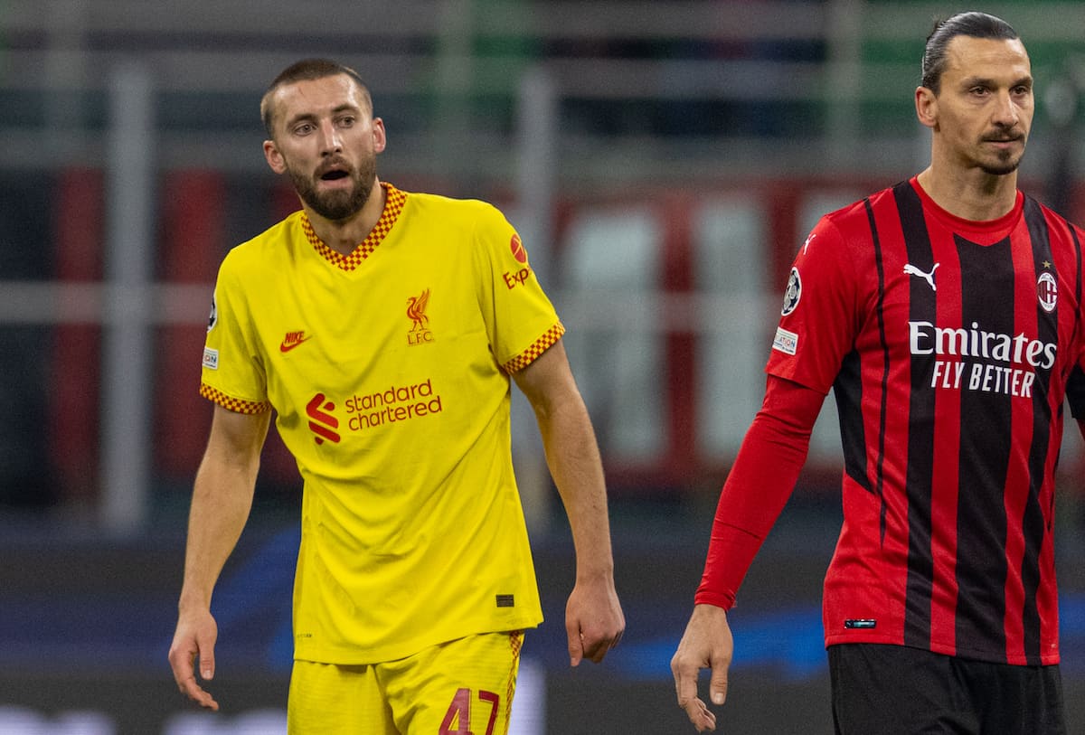  Liverpool's Nathaniel Phillips (L) and AC Milan's 40-year-old Zlatan Ibrahimovic? during the UEFA Champions League Group B Matchday 6 game between AC Milan and Liverpool FC at the Stadio San Siro. Liverpool won 2-1. (Pic by David Rawcliffe/Propaganda)
